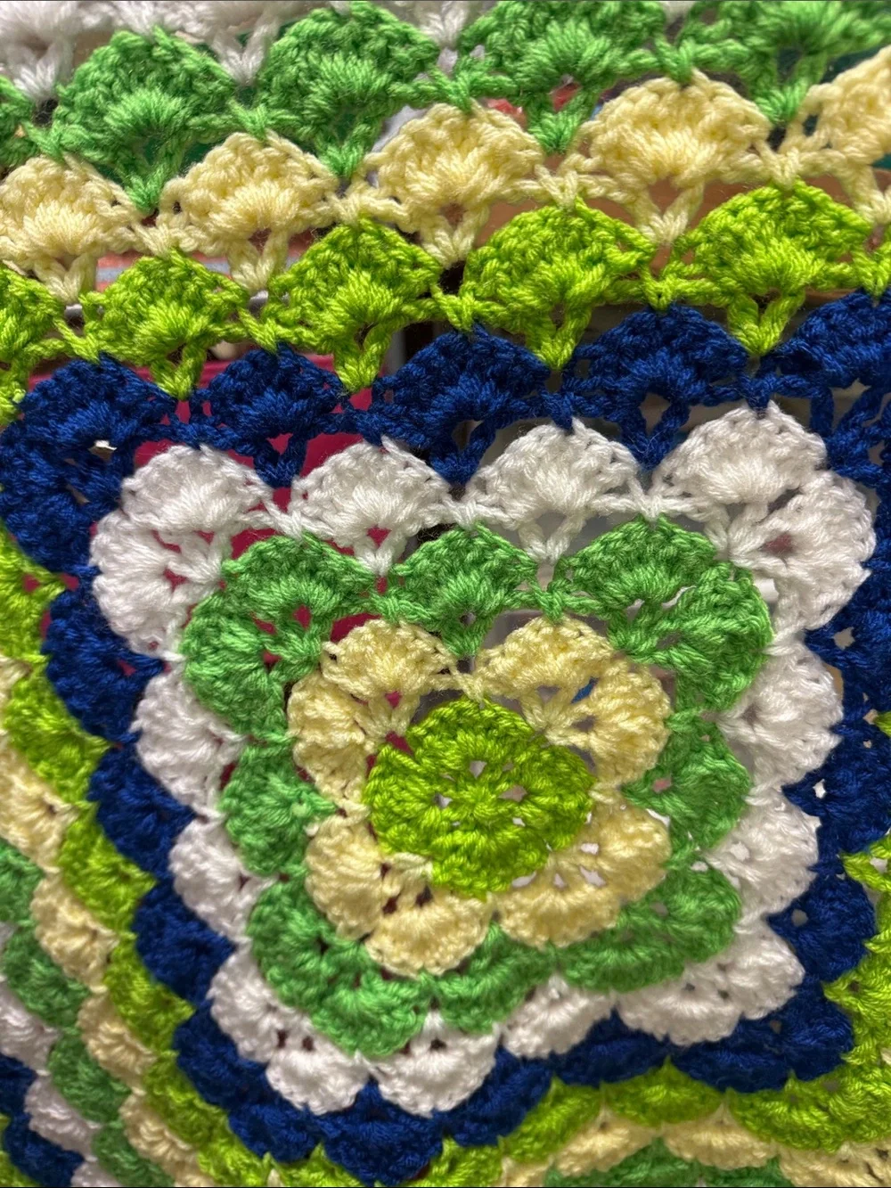 Handmade Crochet Throw Blanket in Green, Blue, Cream & White